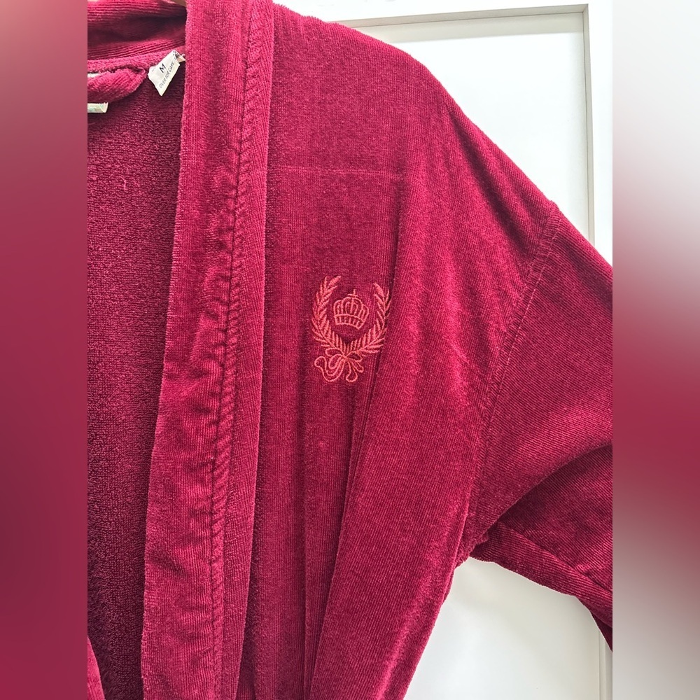 TJ Lawford Turkish Cotton Robe Womens  Medium Red Crown crest Terrycloth Belted - Picture 6 of 10